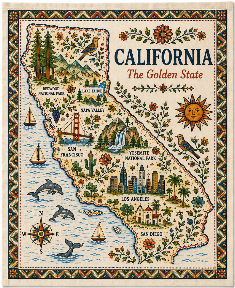State Folk Art Map Print Tea Towel