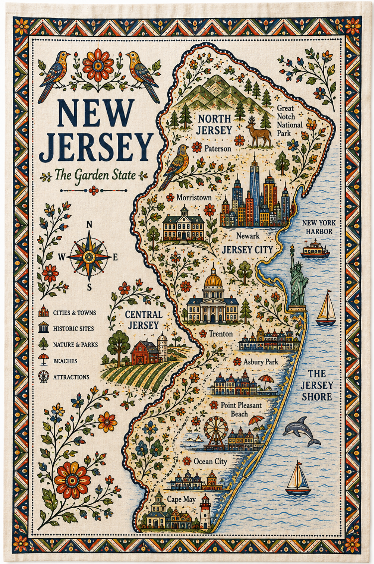 State Folk Art Map Print Tea Towel