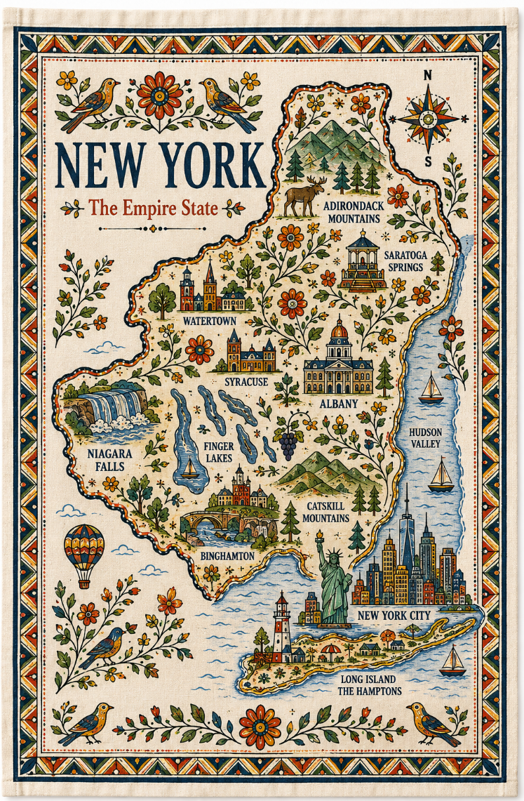 State Folk Art Map Print Tea Towel