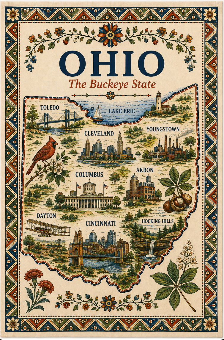State Folk Art Map Print Tea Towel